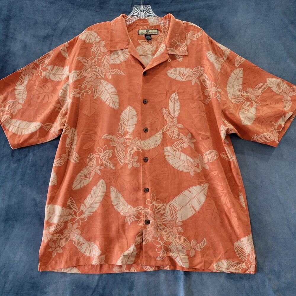 Tommy Bahama Hawaiian Shirt Men's Large 100% Silk Orange Floral Palm Tropical